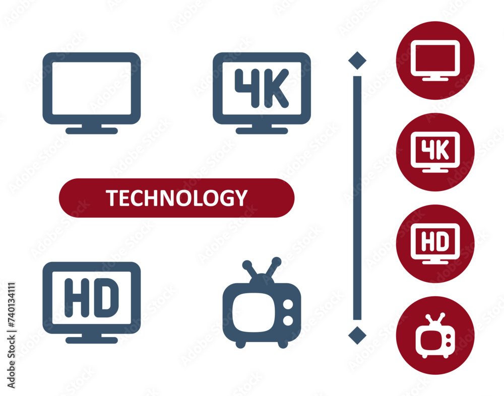 Technology icons. Device, tv, television set, flat screen tv, flatscreen, 4K, HD icon Technology icons. Device, tv, television set, flat screen tv, flatscreen, 4K, HD icon