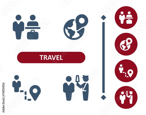 Travel icons. Tourism, check-in counter, destination, location, earth, globe, tourist icon