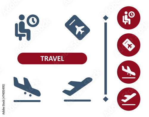 Travel icons. Tourism, waiting room, tourist, airport, plane ticket, plane, airplane icon