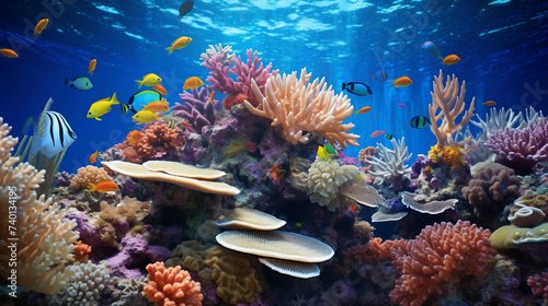 Coral reef system marine life. Nemo fish and vibrant coral formation. © sssimone