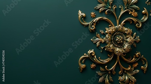 A golden ornament on a dark green background