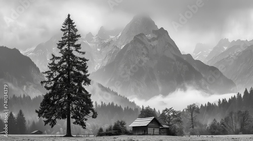 A pine tree next to a house in the mountains, black and white image