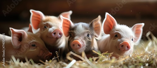 A group of three adorable baby pigs stand side by side in the Cute Baby Pigs Feeding Park, enjoying a feeding frenzy.