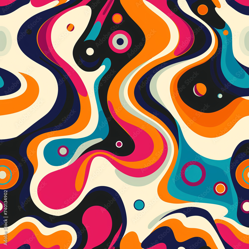 Retro 70s Groove Pattern with Psychedelic Swirls.
