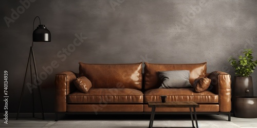 living room with brown leather sofa, space for text, photographic photo
