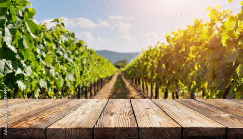 Empty wooden table, sunny vineyard background