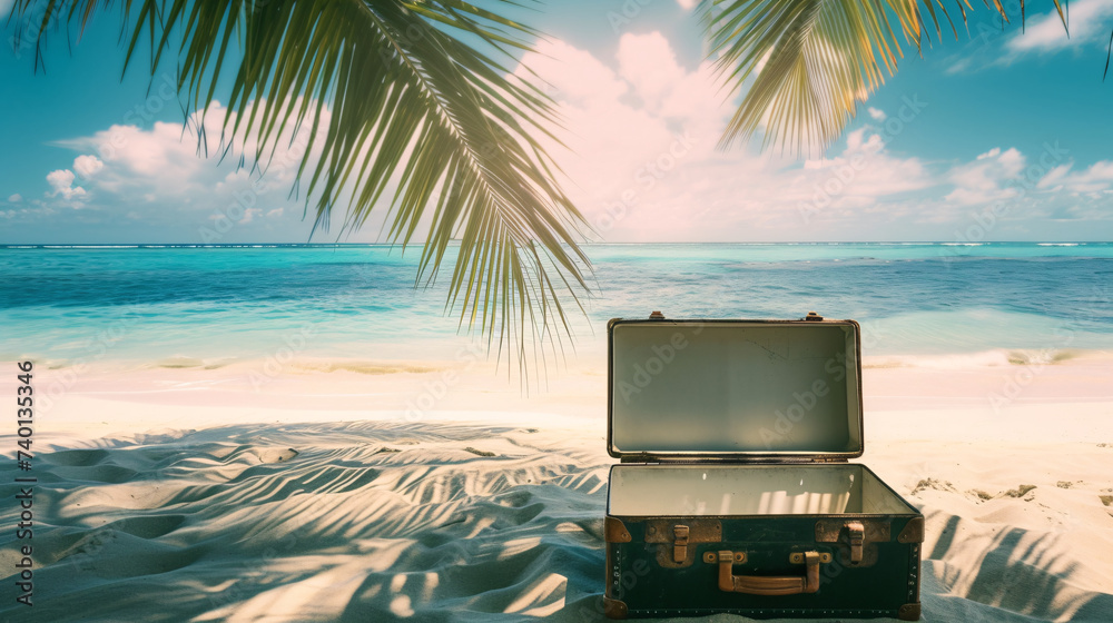 a tropical paradise with the captivating composition of an opened vintage suitcase, with clear white inner - obrazy, fototapety, plakaty 