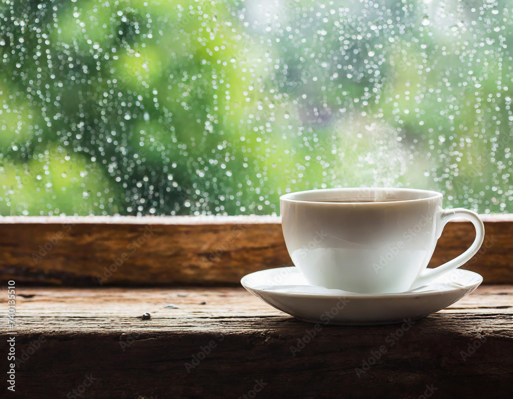 White coffee cup on old wooden window sill by a rainy window