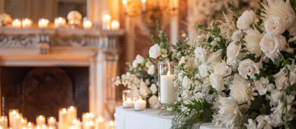 A classic-style wedding ceremony featuring a white floral fireplace adorned with candles, along with a selective focus vertical banner.