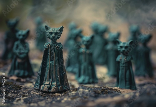 toothless toys from dracula, in the style of dynamic outdoor shots, light brown and azure, ray tracing, sony alpha a7 iii, bokeh panorama, bronze figurines, forestpunk  photo