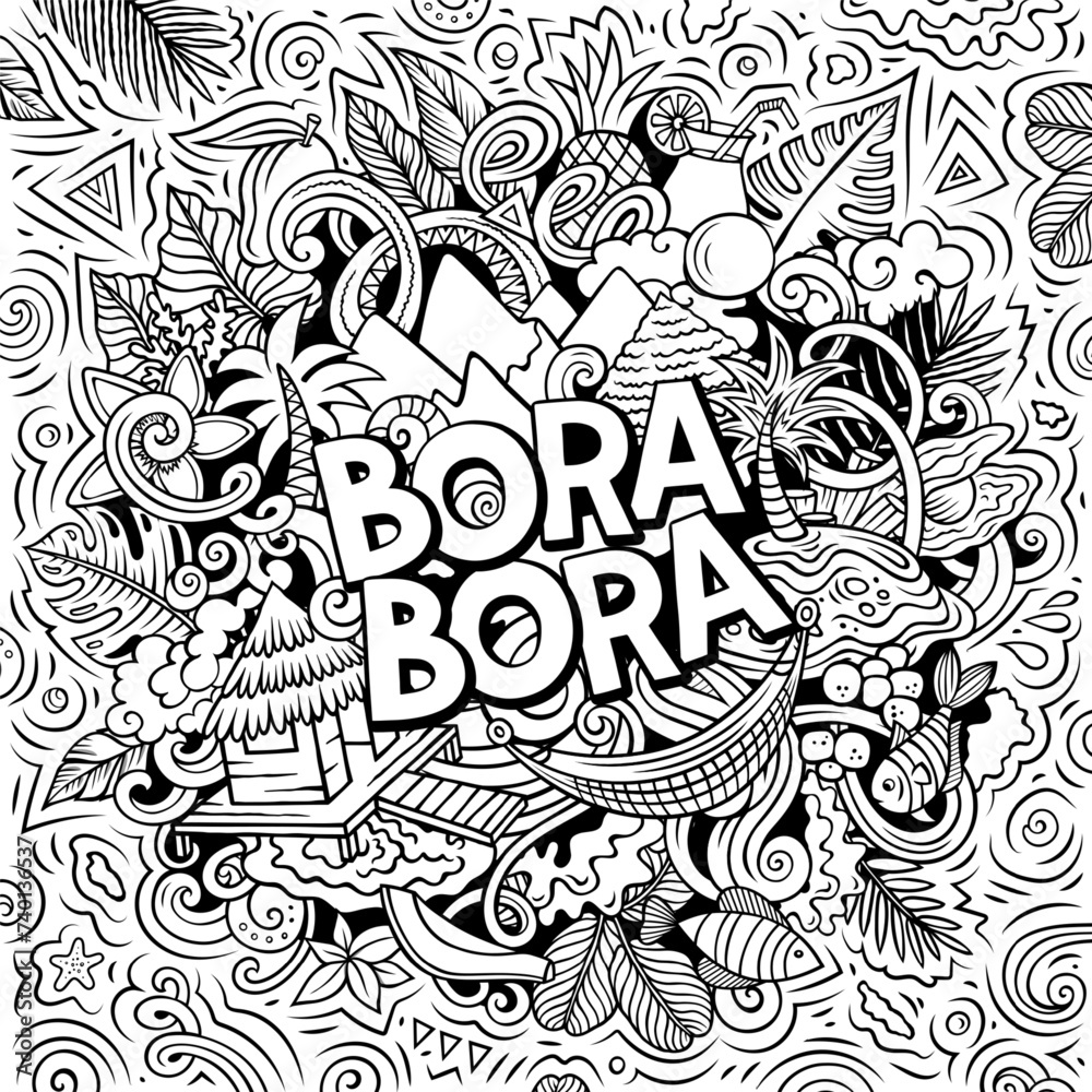 Bora-Bora funny cartoon doodle illustration - obrazy, fototapety, plakaty 