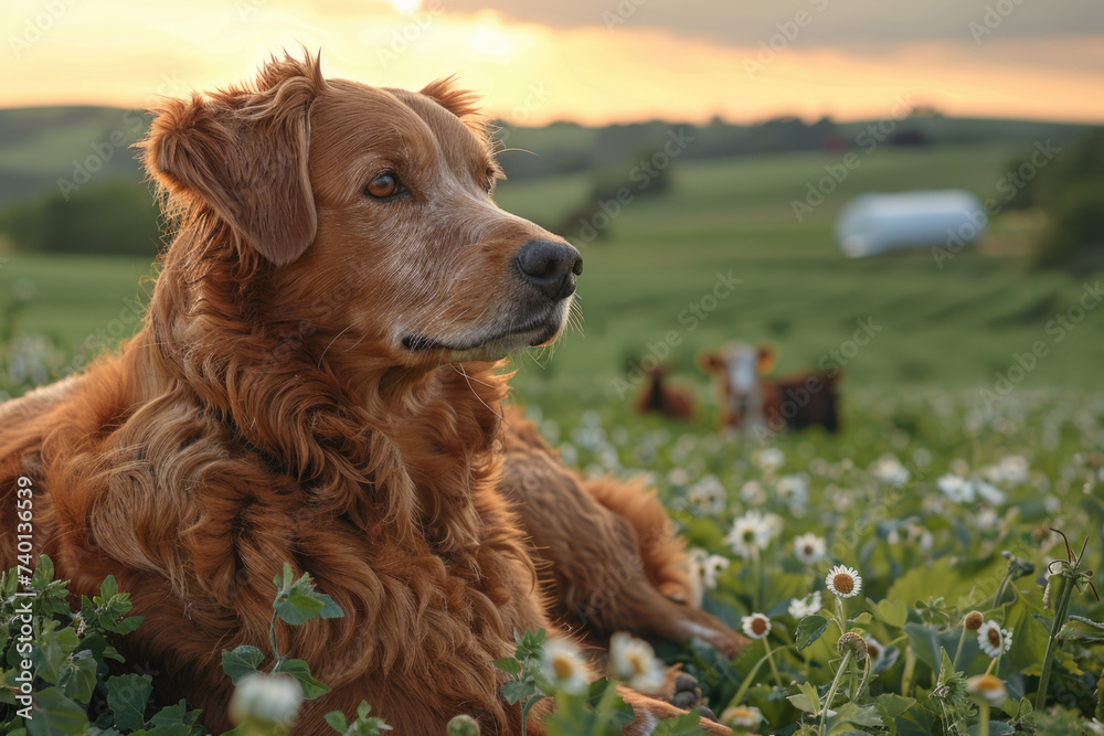Golden Retriever Amongst Wildflowers Overlooking Cows Golden Retriever Amongst Wildflowers Overlooking Cows