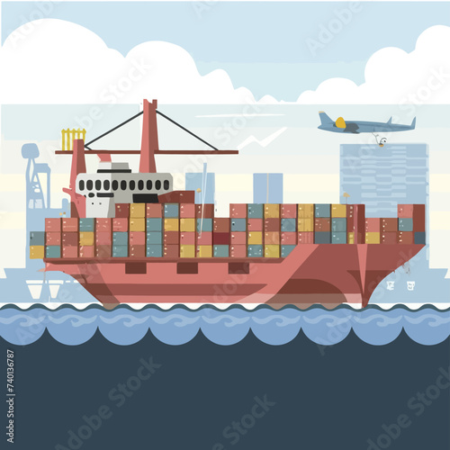 2d vector illustration colorful Land and sea transport techniques, methods and technological tools for transporting and shipping goods and products and logistic 
