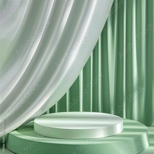 On a green background, there is a display podium with a satin wave curtain