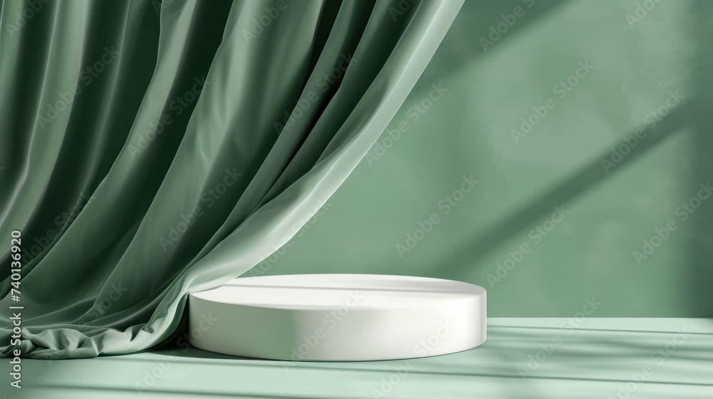 On a green background, there is a display podium with a satin wave curtain