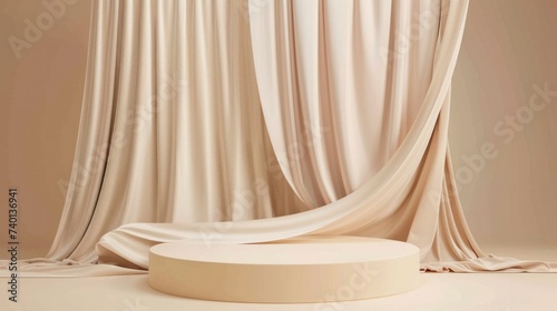 A simplistic beige backdrop featuring a podium and a flowing satin curtain