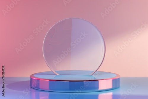 podium platform in blue and pink gradient, featuring an empty display with a ...
