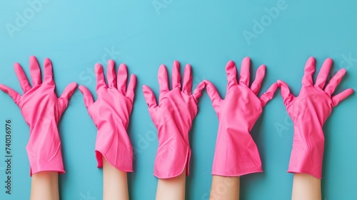 Hands shaped like hearts in pink rubber gloves against a blue background