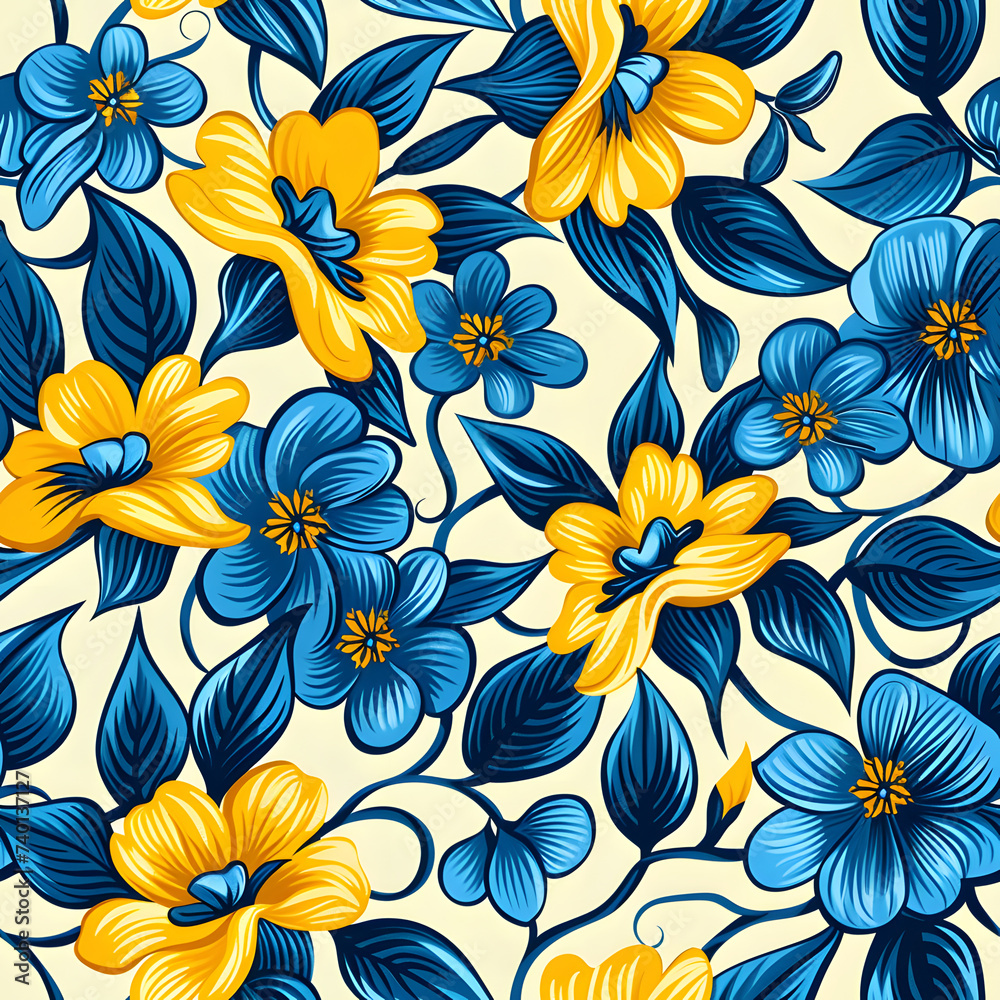 Seamless of blue and yellow floral print