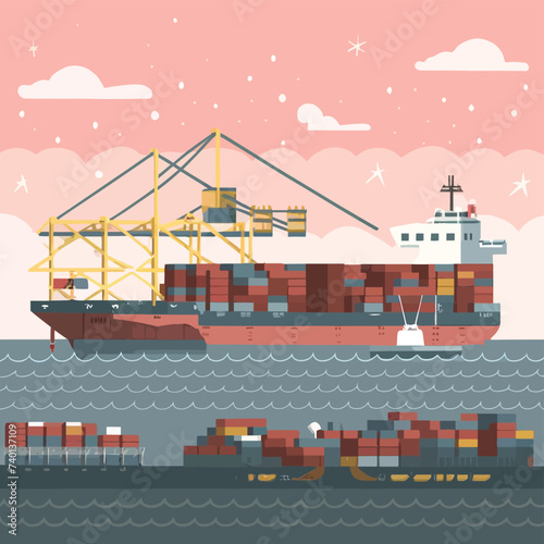 2d vector illustration colorful Land and sea transport techniques, methods and technological tools for transporting and shipping goods and products and logistic 

