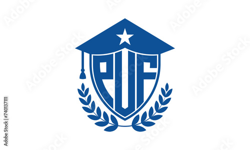 PUF three letter iconic academic logo design vector template. monogram, abstract, school, college, university, graduation cap symbol logo, shield, model, institute, educational, coaching canter, tech