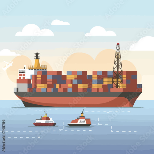 2d vector illustration colorful Land and sea transport techniques, methods and technological tools for transporting and shipping goods and products and logistic 
