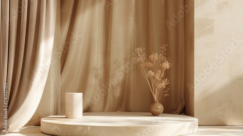 A simplistic beige backdrop featuring a podium and a flowing satin curtain
