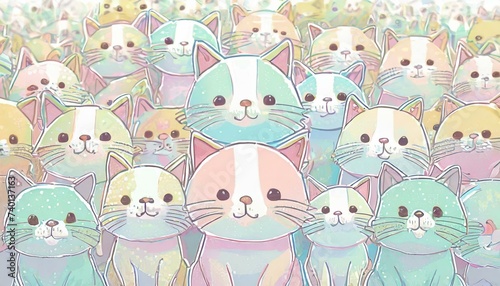 Pastel background with a crowd of colorful happy cute cats in Japanese anime cartoon style.