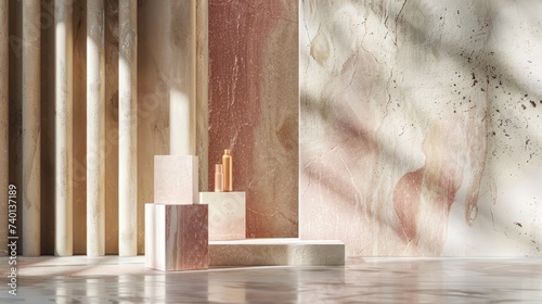 Natural beauty podium backdrop featuring an empty cube box for displaying cos...