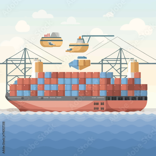 2d vector illustration colorful Land and sea transport techniques, methods and technological tools for transporting and shipping goods and products and logistic 
