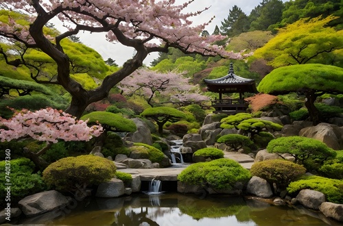 Japan’s Springtime Tranquility: Zen Aesthetics in a Blossoming Garden Landscape, generative AI