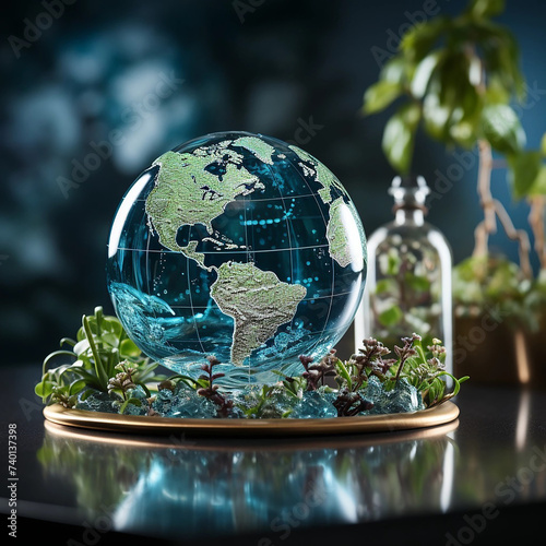 glass globe with world map
concept of saving water