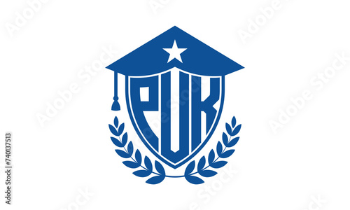PUK three letter iconic academic logo design vector template. monogram, abstract, school, college, university, graduation cap symbol logo, shield, model, institute, educational, coaching canter, tech