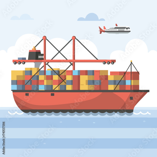 2d vector illustration colorful Land and sea transport techniques, methods and technological tools for transporting and shipping goods and products and logistic 
