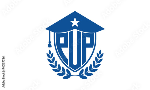 PUP three letter iconic academic logo design vector template. monogram, abstract, school, college, university, graduation cap symbol logo, shield, model, institute, educational, coaching canter, tech