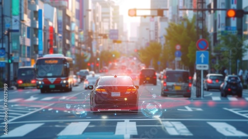 Self-driving car with futuristic interface interacting with urban infrastructure, like traffic lights and signage, for a seamless and efficient journey