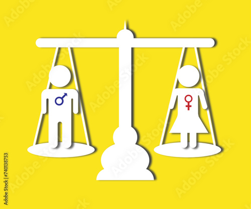 gender equality concept with scale and gender symbol with yellow background