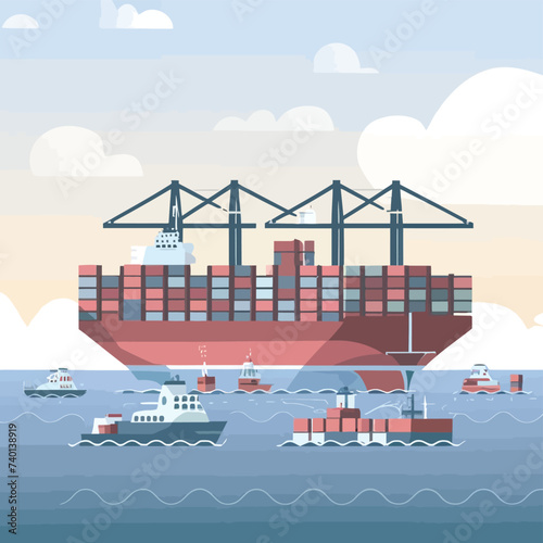 2d vector illustration colorful Land and sea transport techniques, methods and technological tools for transporting and shipping goods and products and logistic 
