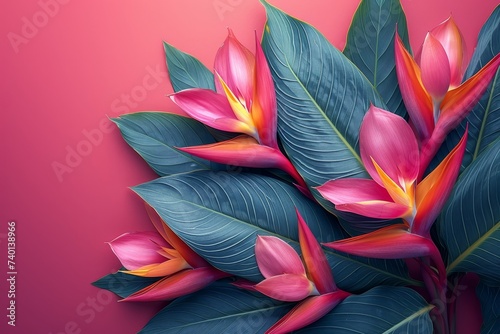 Red bird of paradise flowers tightly grouped together on a light pink backdrop. The vibrant petals and delicate stems create a visually striking composition