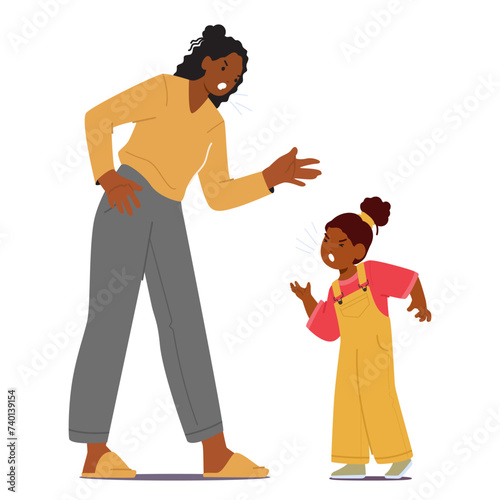 Angry Mother Scolds And Screams At Her Little Daughter, Who Screams Back, Their Faces Contorted In Tense Confrontation