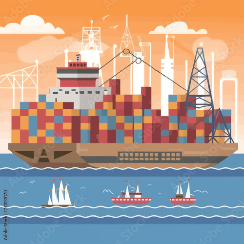 2d vector illustration colorful Land and sea transport techniques, methods and technological tools for transporting and shipping goods and products and logistic 
