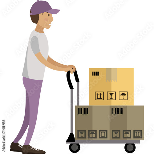 Man warehouse worker providing parcel logistics operation vector icon isolated on white