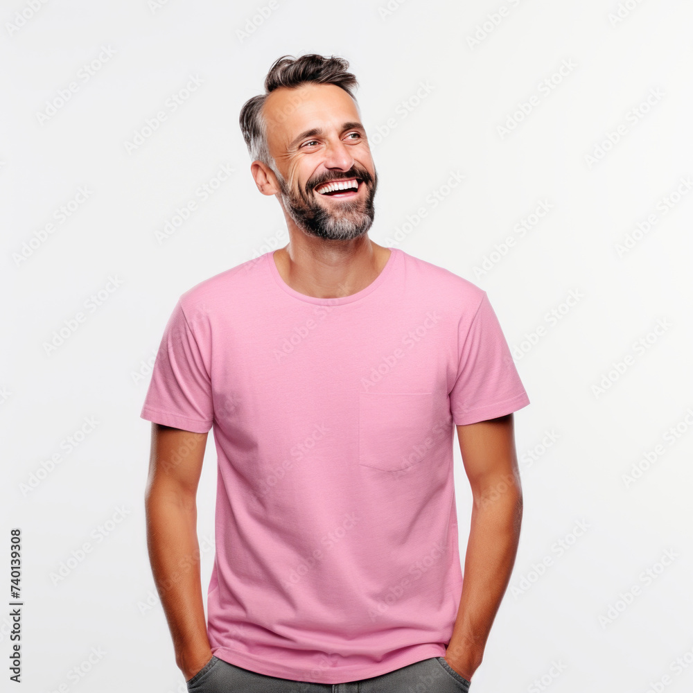 Smiling men wearing pink T-Shirt Mockup on black studio background Smiling men wearing pink T-Shirt Mockup on black studio background
