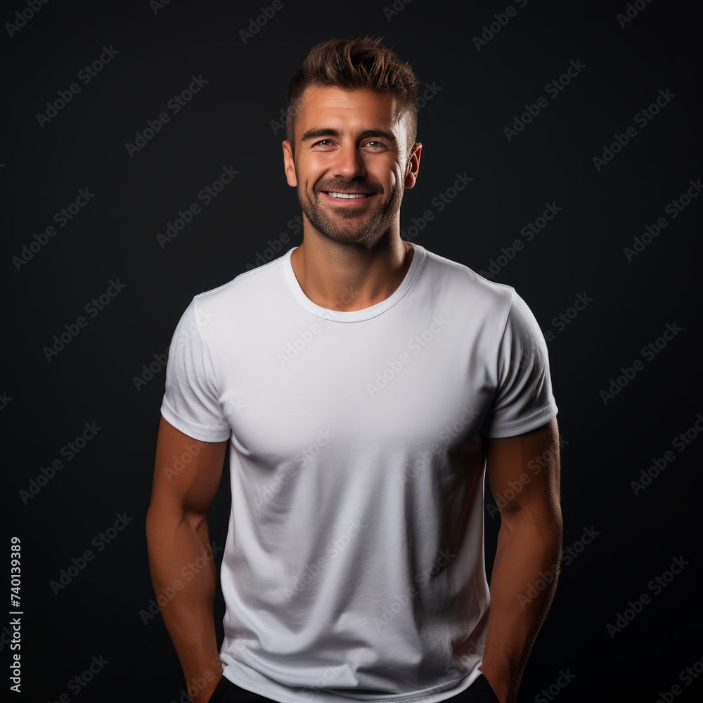 Smiling men wearing white T-Shirt Mockup on black studio background Smiling men wearing white T-Shirt Mockup on black studio background