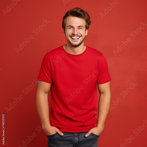 Smiling men wearing red T-Shirt Mockup on black studio background