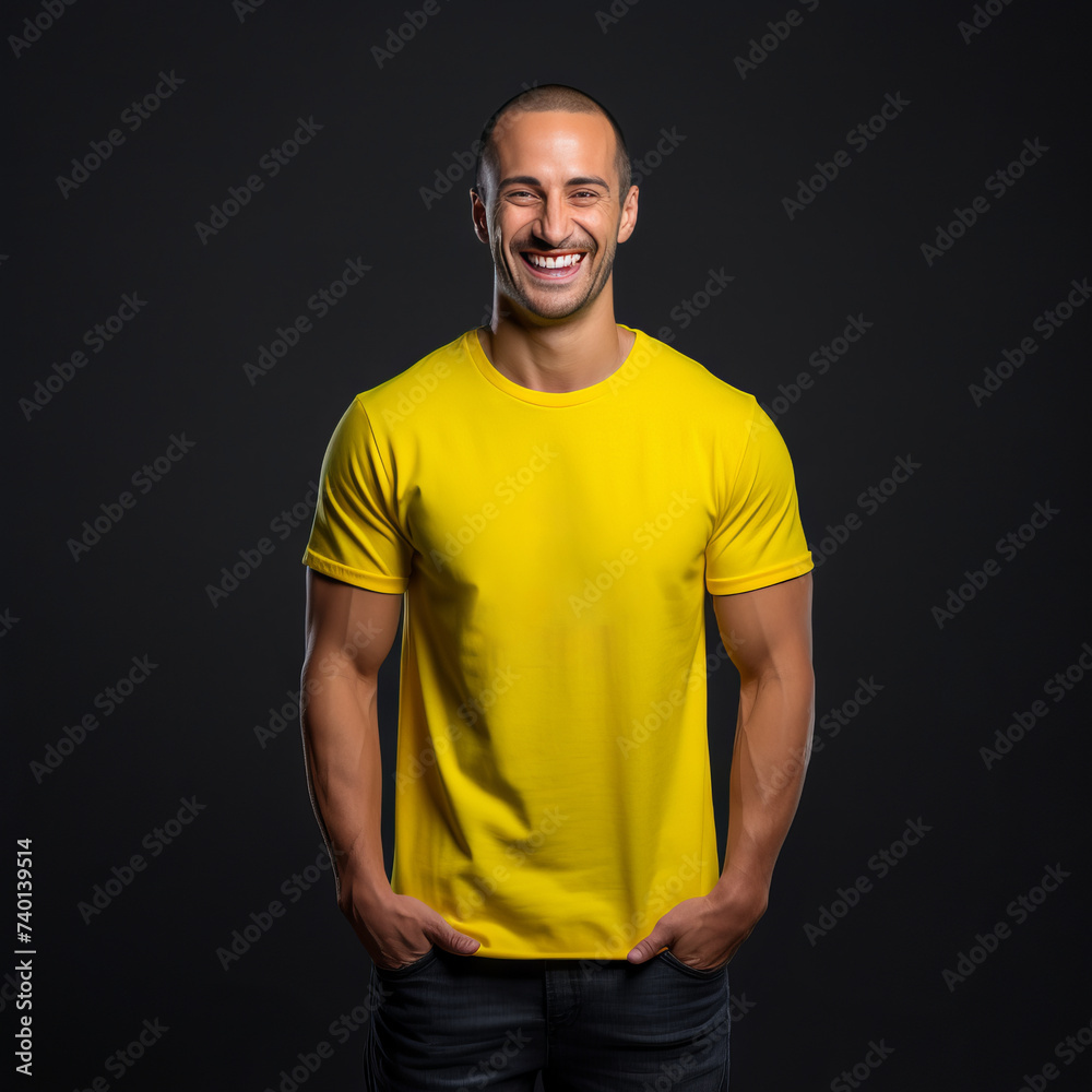 Smiling men wearing yellow T-Shirt Mockup on black studio background Smiling men wearing yellow T-Shirt Mockup on black studio background