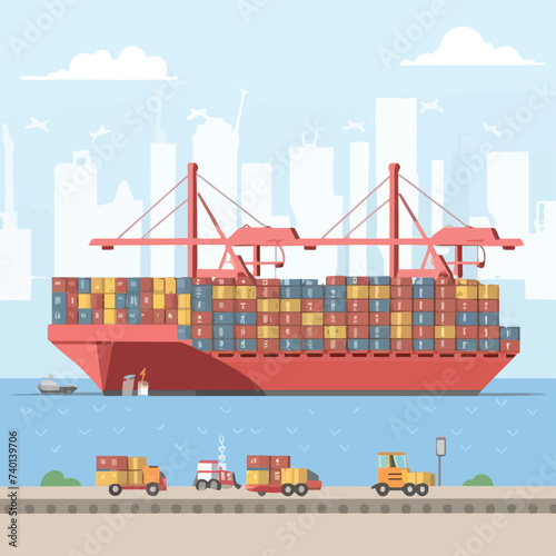 2d vector illustration colorful Land and sea transport techniques, methods and technological tools for transporting and shipping goods and products and logistic 
