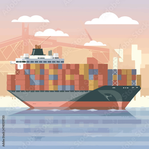 2d vector illustration colorful Land and sea transport techniques, methods and technological tools for transporting and shipping goods and products and logistic 
