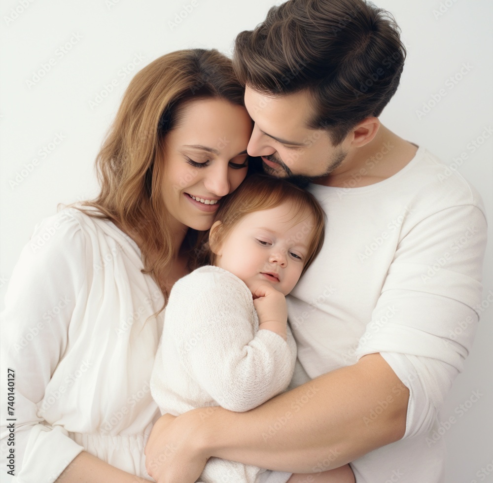 Happy couple sharing a comforting gesture, smiling at baby in arms Happy couple sharing a comforting gesture, smiling at baby in arms