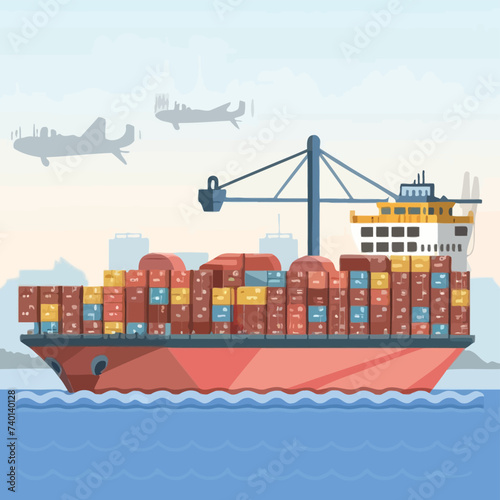 2d vector illustration colorful Land and sea transport techniques, methods and technological tools for transporting and shipping goods and products and logistic 
